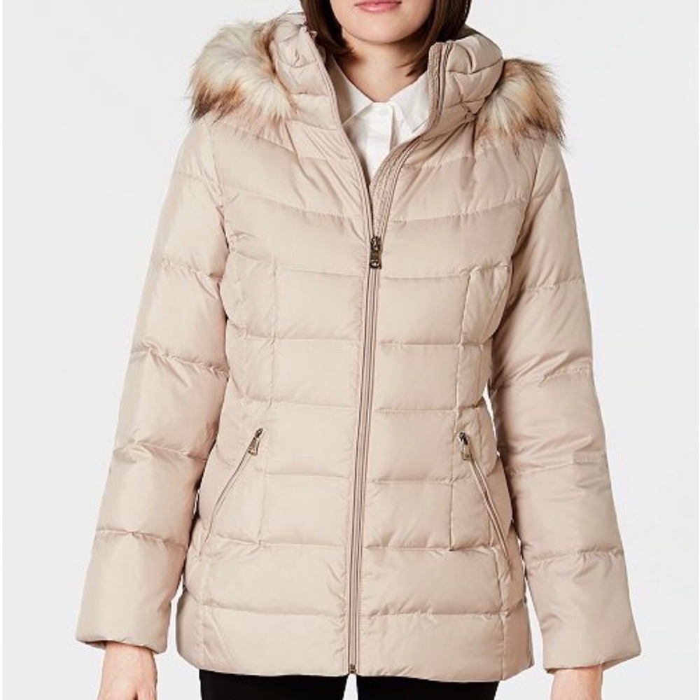 Calvin Klein faux trim fur hooded coat